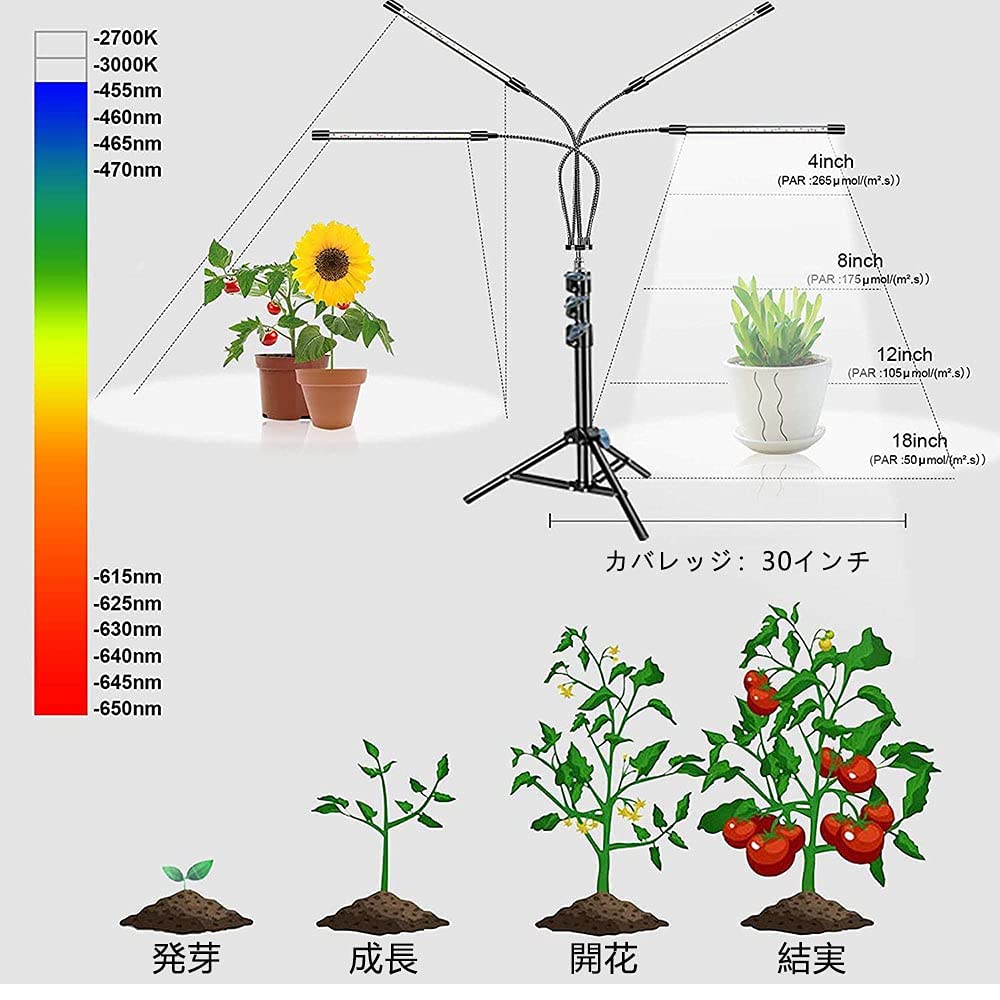 LED植物育成ライト、スタンド付き4ヘッド